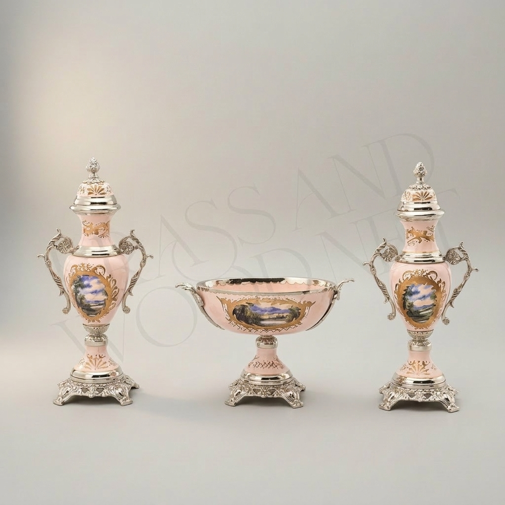 Rococo Pink Porcelain & Brass 3-Piece Garniture Set with Hand-Painted Medallions — Silver