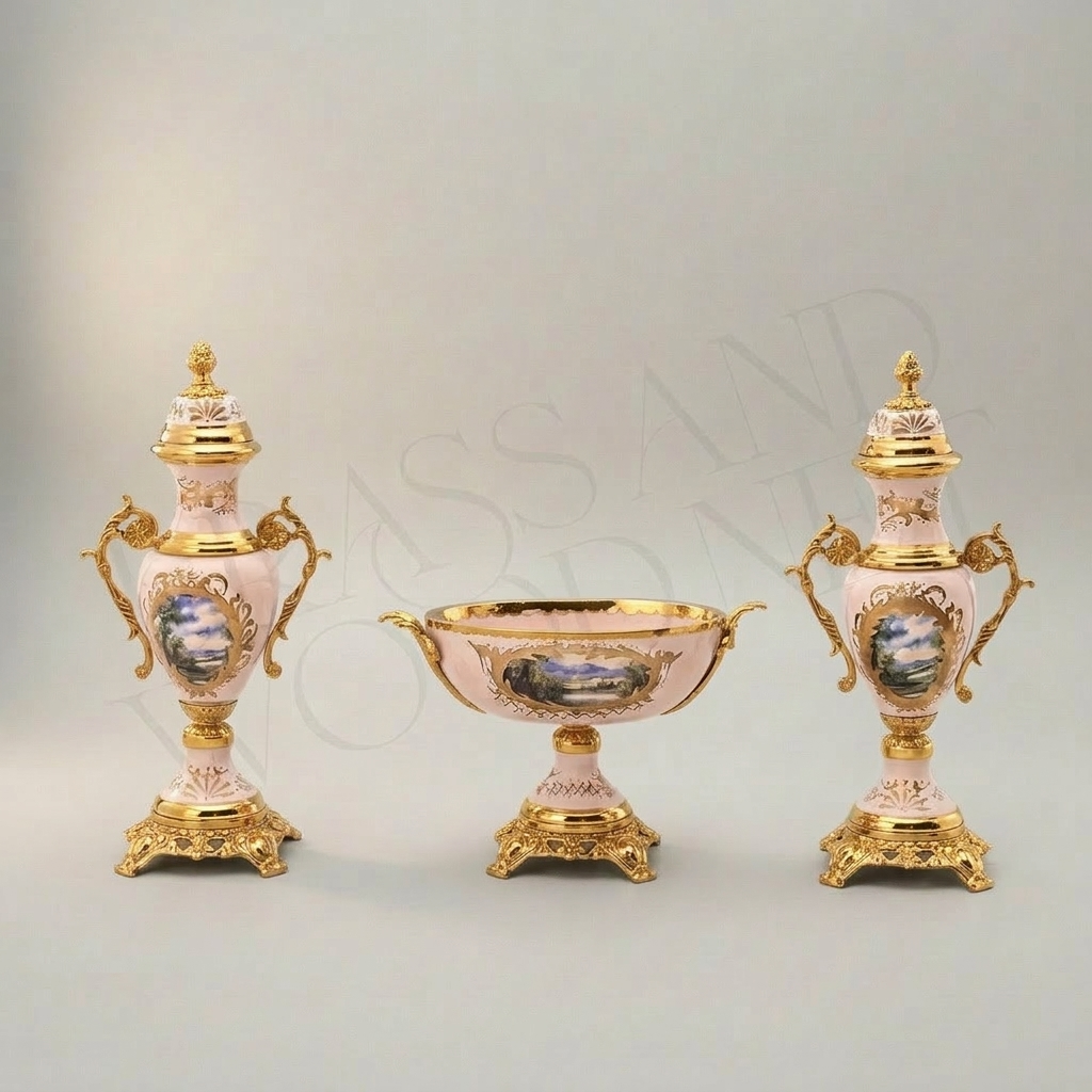 Rococo Pink Porcelain & Brass 3-Piece Garniture Set with Hand-Painted Medallions