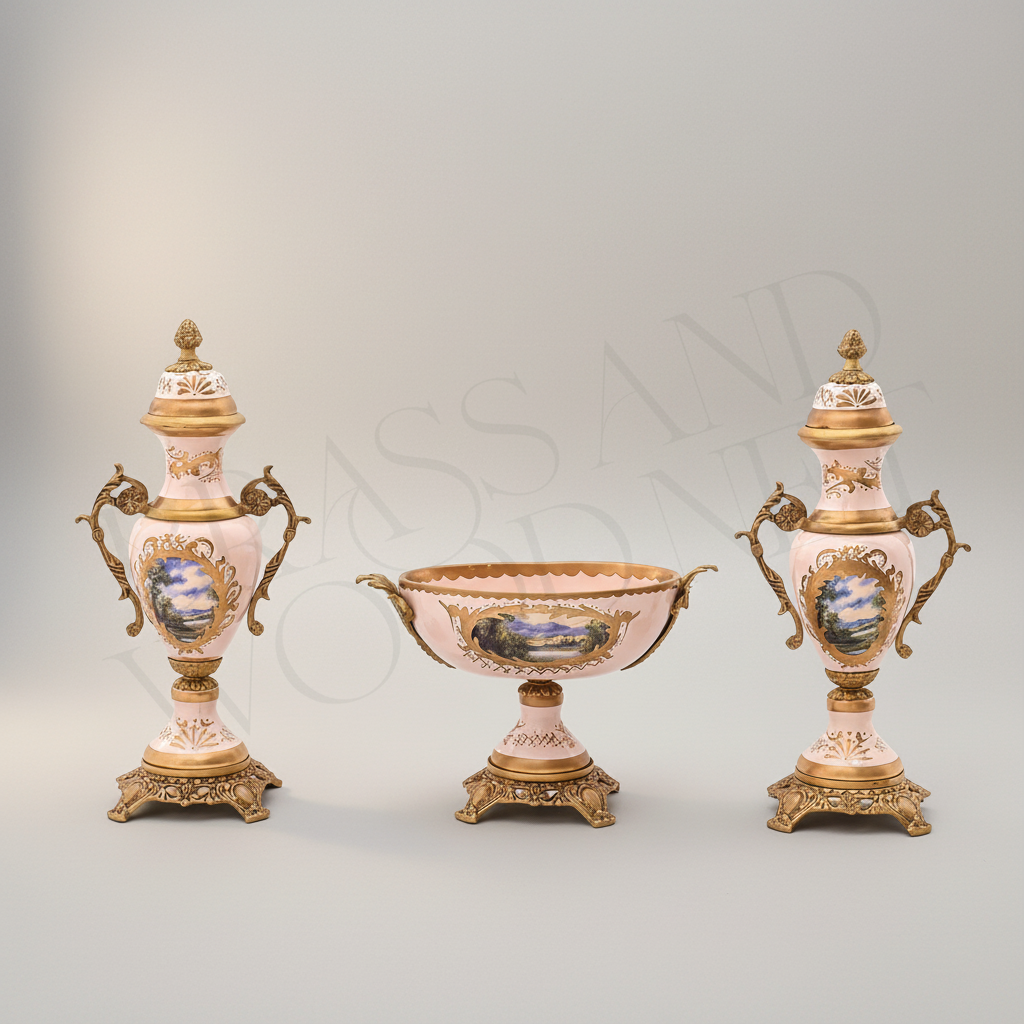 Rococo Pink Porcelain & Brass 3-Piece Garniture Set with Hand-Painted Medallions — Antique Gold