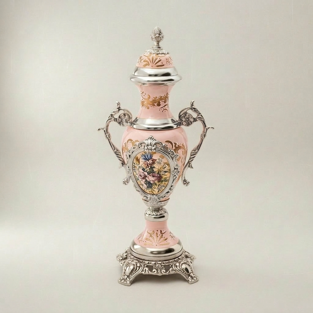 Rococo Pink Porcelain & Brass 3-Piece Garniture Set with Hand-Painted Medallions — Silver