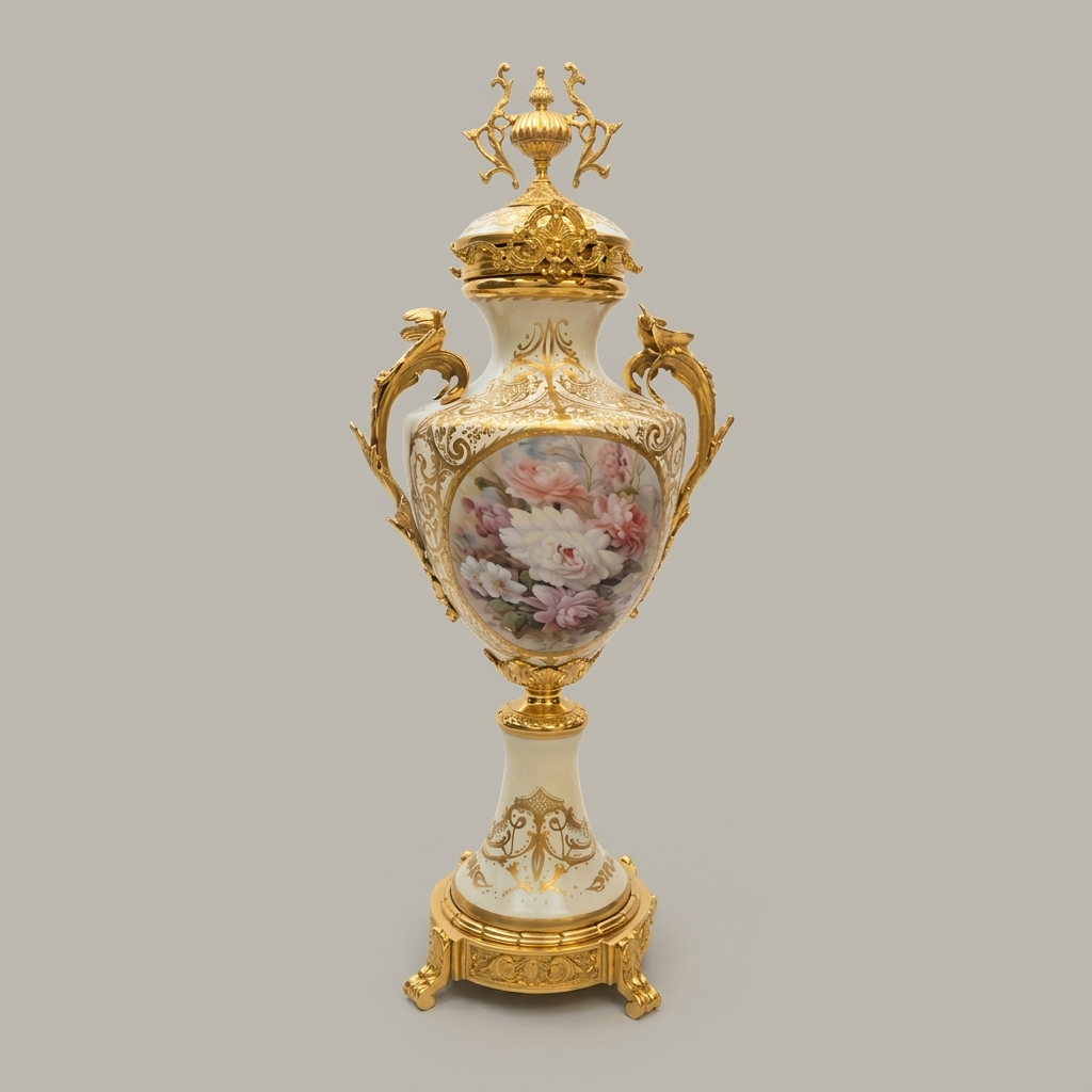 Rococo Porcelain Lidded Urn Vase with Ormolu Mounts & Hand-Painted Floral Medallion — Gold