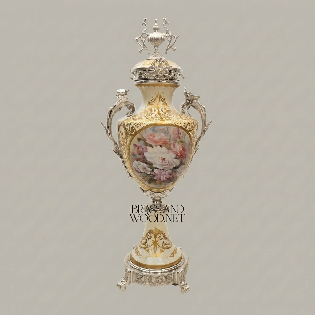 Rococo Porcelain Lidded Urn Vase with Ormolu Mounts & Hand-Painted Floral Medallion — Silver