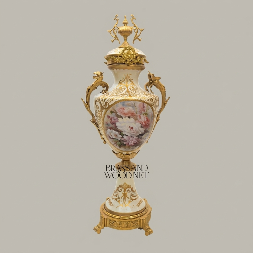 Rococo Porcelain Lidded Urn Vase with Ormolu Mounts & Hand-Painted Floral Medallion — Antique Gold