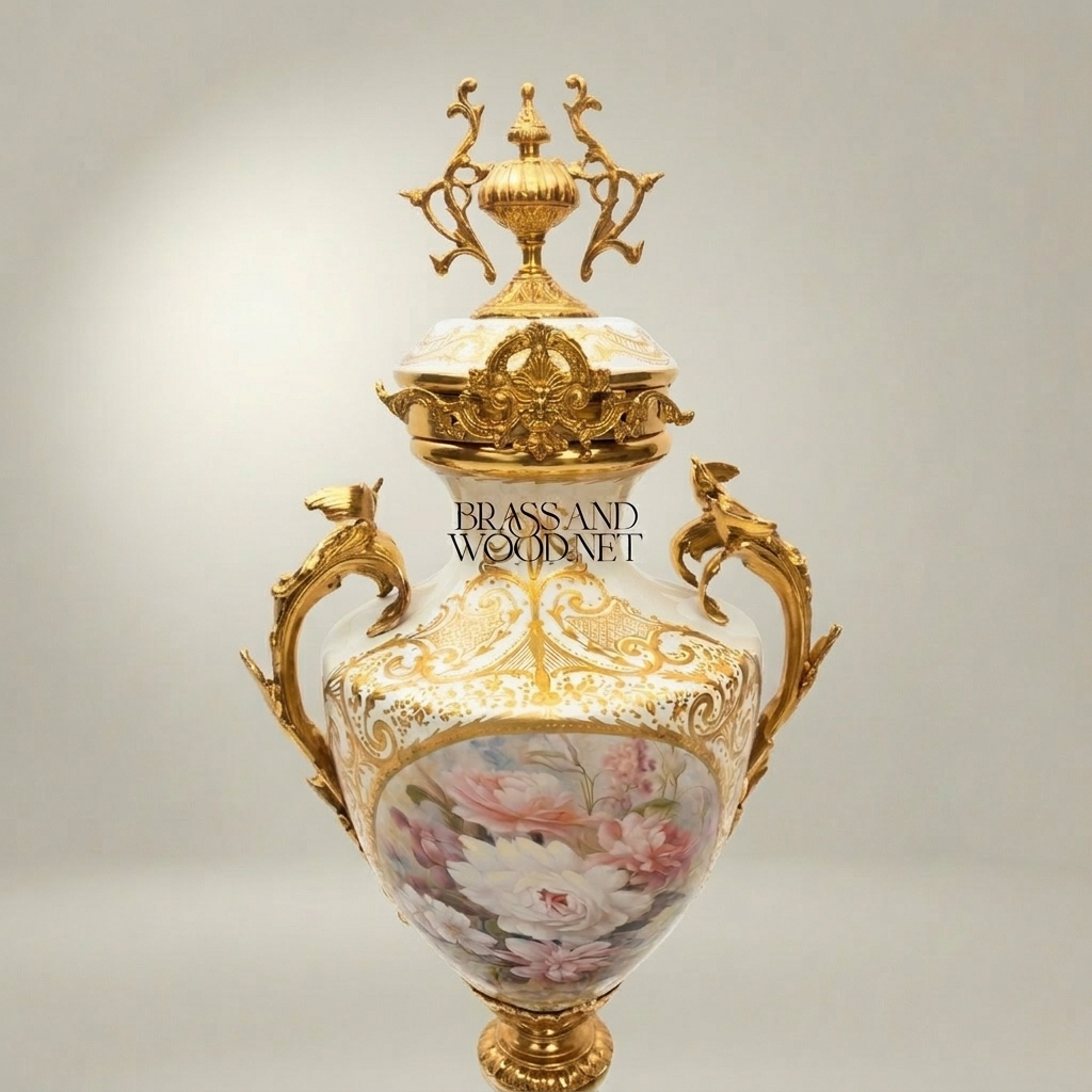 Rococo Porcelain Lidded Urn Vase with Ormolu Mounts & Hand-Painted Floral Medallion