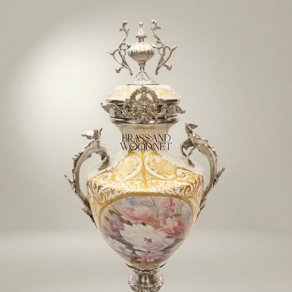 Rococo Porcelain Lidded Urn Vase with Ormolu Mounts & Hand-Painted Floral Medallion — Silver