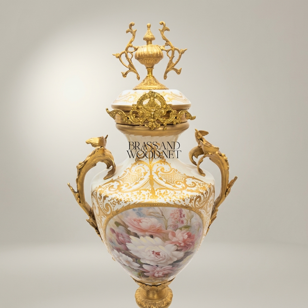 Rococo Porcelain Lidded Urn Vase with Ormolu Mounts & Hand-Painted Floral Medallion — Antique Gold