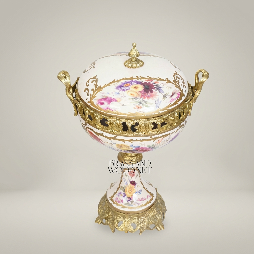 Rococo Porcelain & Brass Lidded Compote Urn – Hand-Painted Floral on Pedestal — Antique Gold