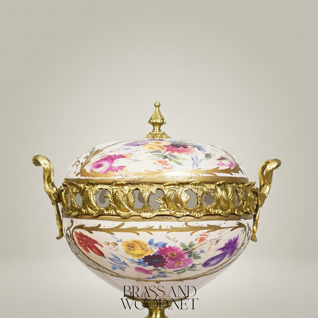 Rococo Porcelain & Brass Lidded Compote Urn – Hand-Painted Floral on Pedestal — Antique Gold