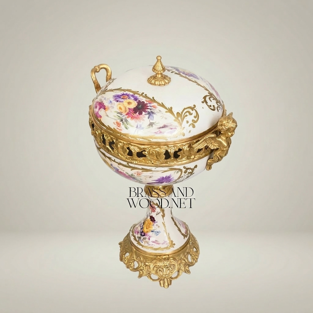 Rococo Porcelain & Brass Lidded Compote Urn – Hand-Painted Floral on Pedestal — Gold