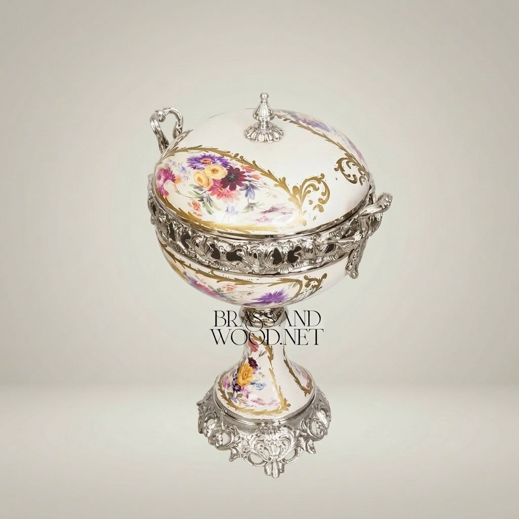 Rococo Porcelain & Brass Lidded Compote Urn – Hand-Painted Floral on Pedestal — Silver
