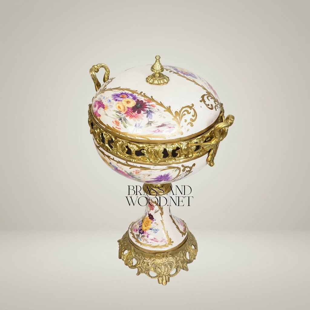 Rococo Porcelain & Brass Lidded Compote Urn – Hand-Painted Floral on Pedestal — Antique Gold