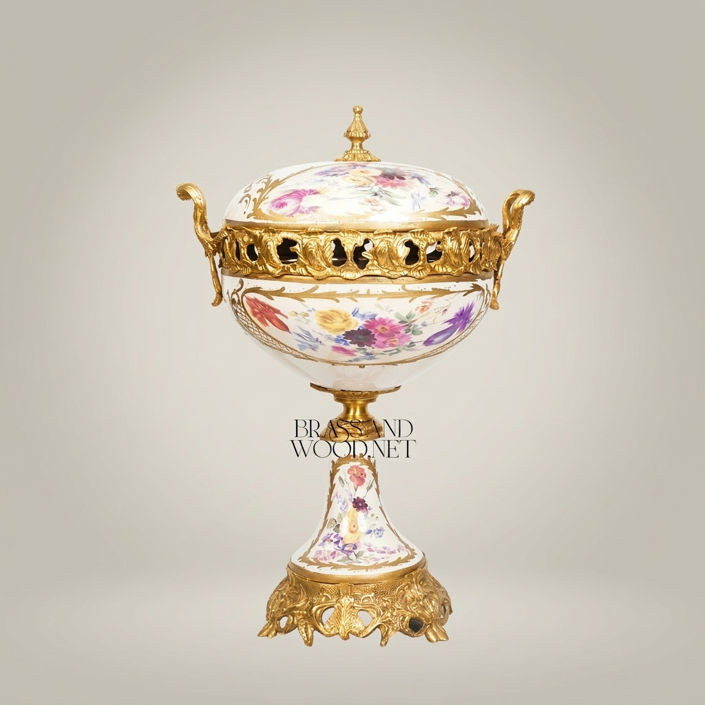 Rococo Porcelain & Brass Lidded Compote Urn – Hand-Painted Floral on Pedestal — Gold