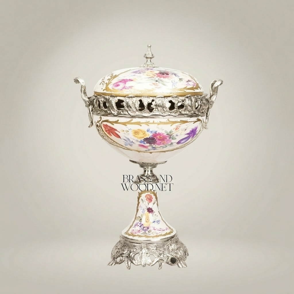Rococo Porcelain & Brass Lidded Compote Urn – Hand-Painted Floral on Pedestal — Silver
