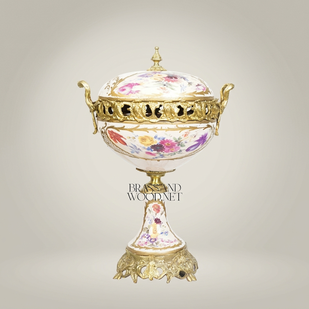 Rococo Porcelain & Brass Lidded Compote Urn – Hand-Painted Floral on Pedestal — Antique Gold