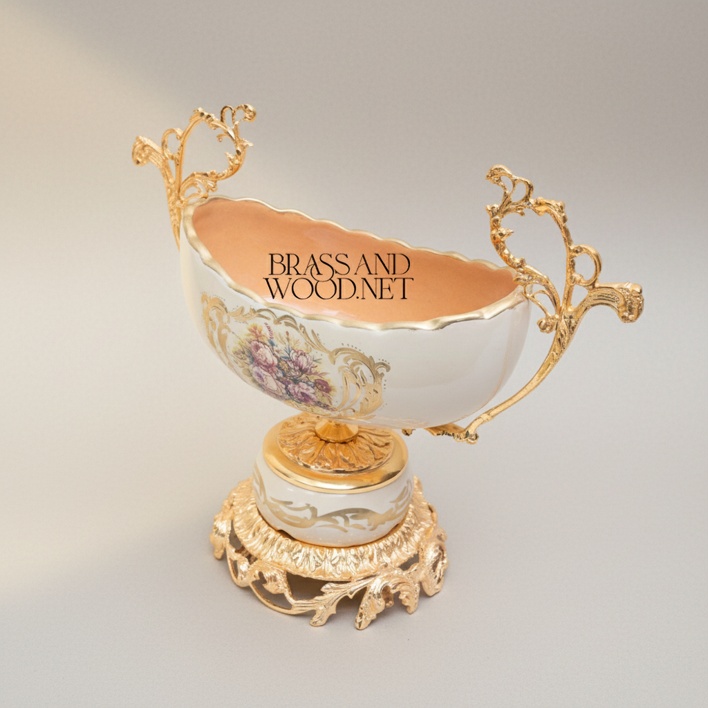 Rococo Porcelain & Brass Vase and Centerpiece Bowl Set – Hand-Painted Floral Cartouche
