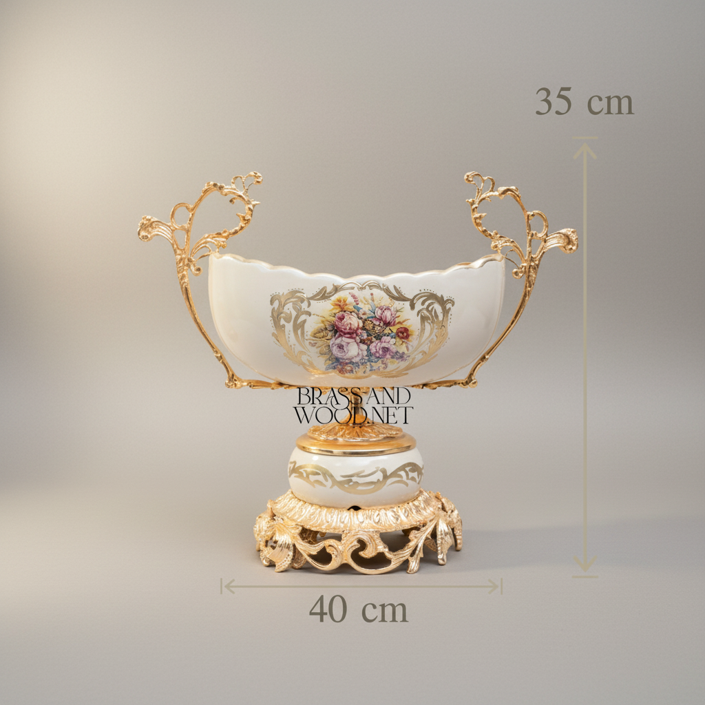 Rococo Porcelain & Brass Vase and Centerpiece Bowl Set – Hand-Painted Floral Cartouche — Gold