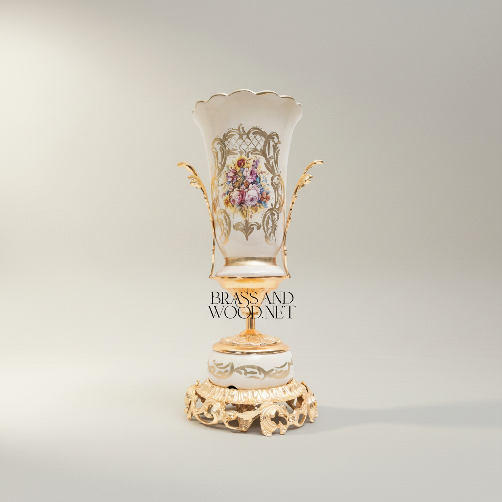 Rococo Porcelain & Brass Vase and Centerpiece Bowl Set – Hand-Painted Floral Cartouche