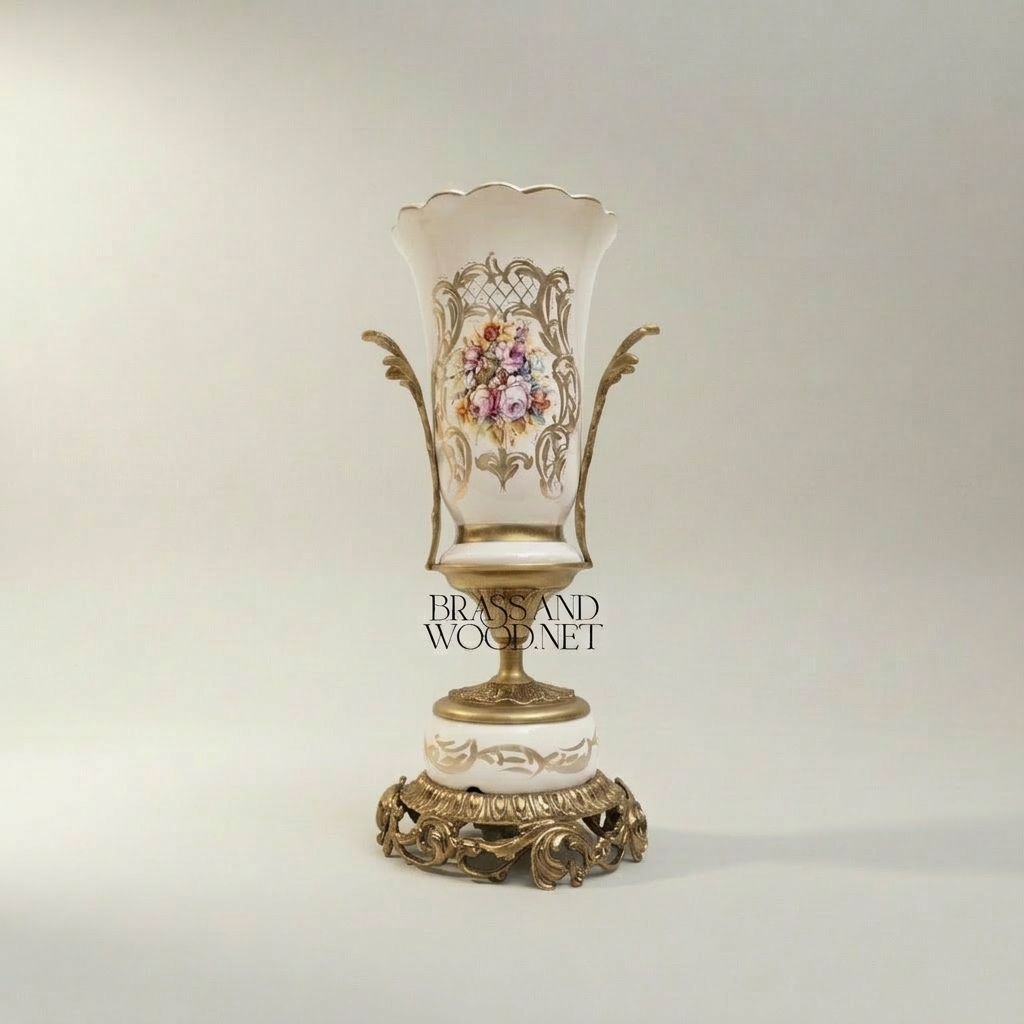 Rococo Porcelain & Brass Vase and Centerpiece Bowl Set – Hand-Painted Floral Cartouche — Antique Gold