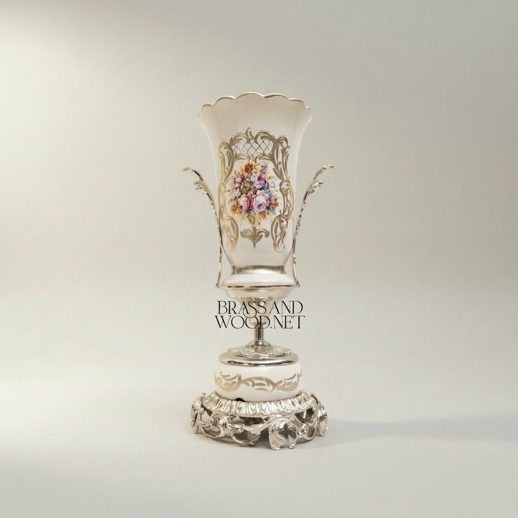 Rococo Porcelain & Brass Vase and Centerpiece Bowl Set – Hand-Painted Floral Cartouche — Silver