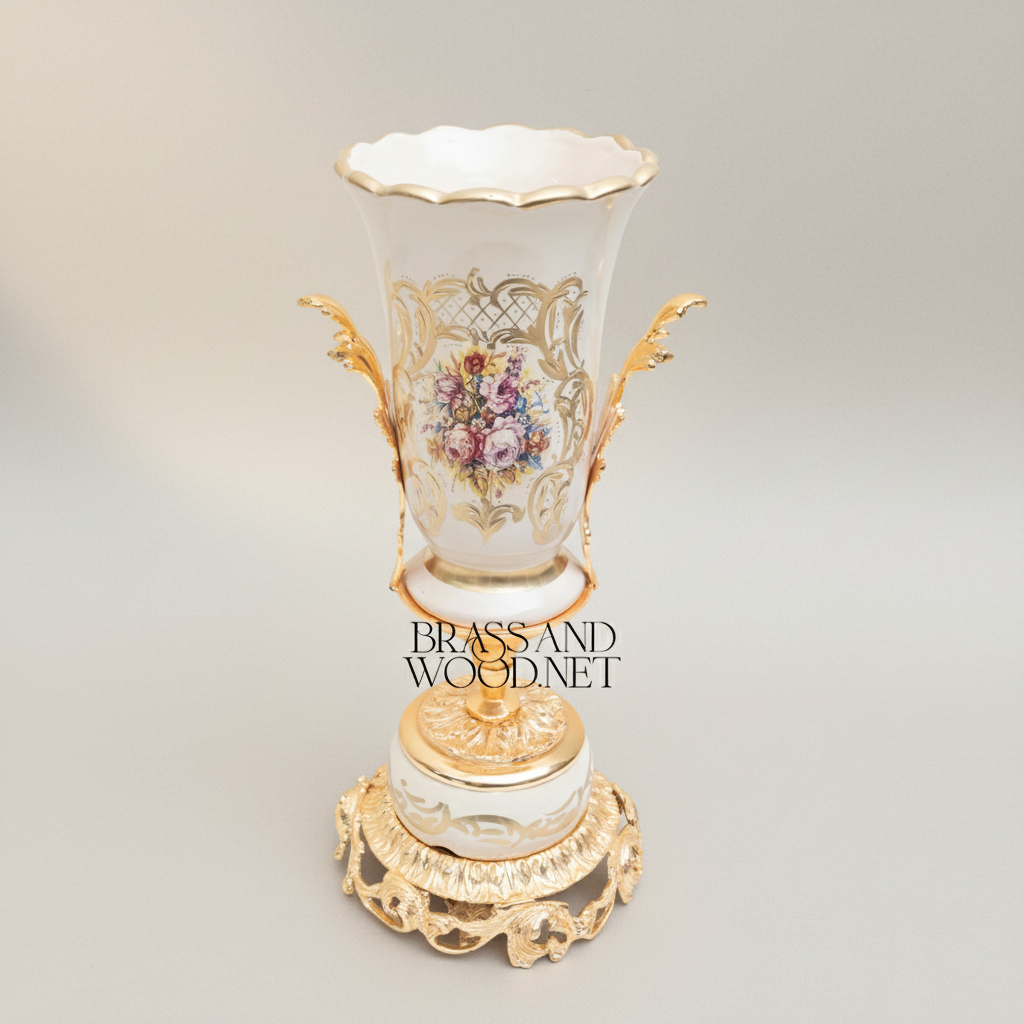 Rococo Porcelain & Brass Vase and Centerpiece Bowl Set – Hand-Painted Floral Cartouche