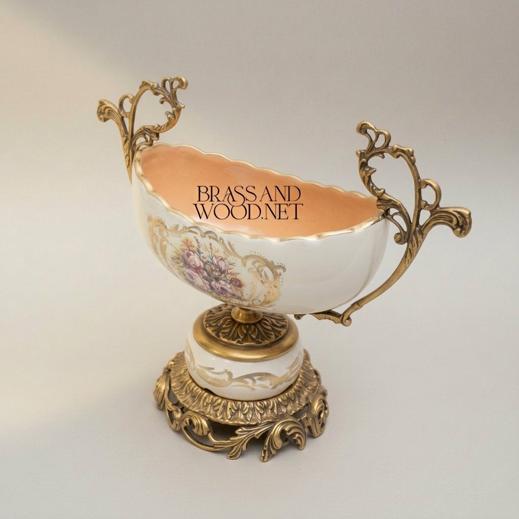 Rococo Porcelain & Brass Vase and Centerpiece Bowl Set – Hand-Painted Floral Cartouche — Antique Gold