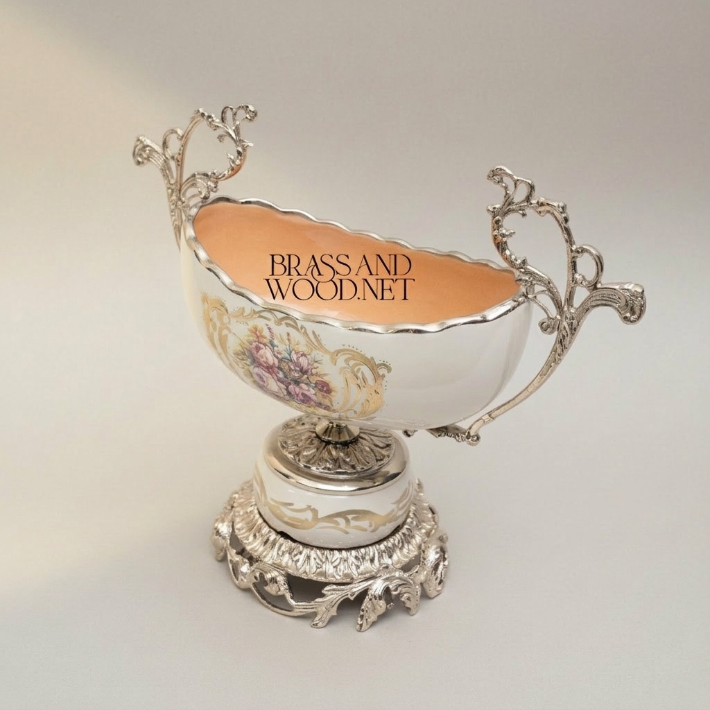 Rococo Porcelain & Brass Vase and Centerpiece Bowl Set – Hand-Painted Floral Cartouche — Silver