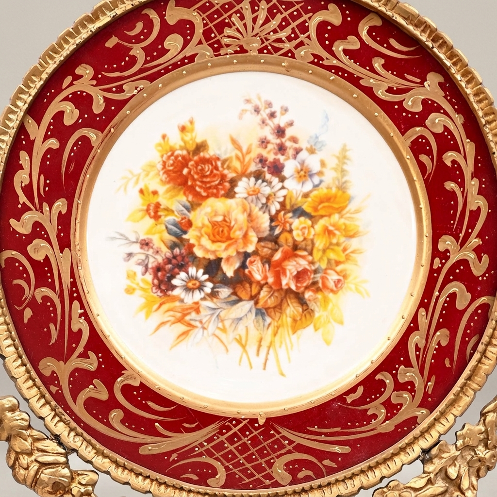 Rococo Porcelain Decorative Wall Plate — Crimson Floral Bouquet with Gilt Brass Mount — Antique Gold