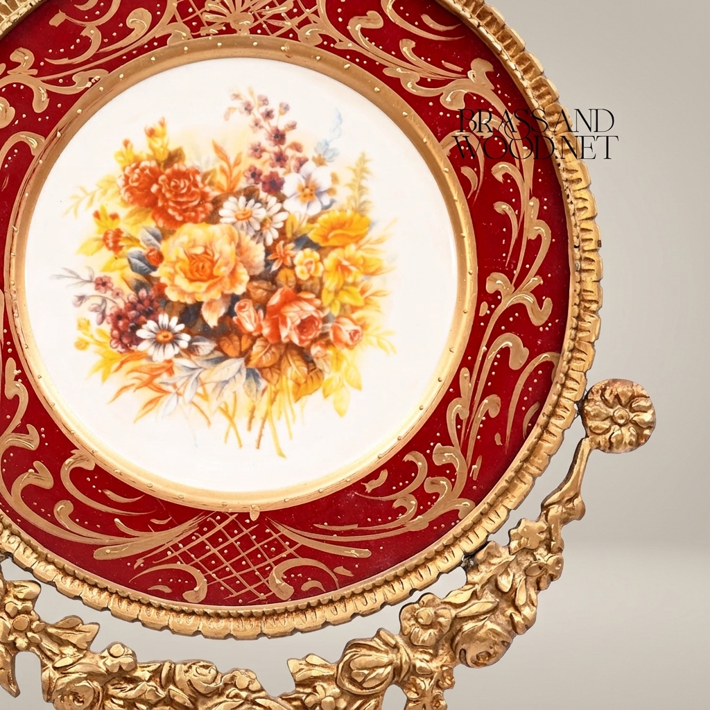 Rococo Porcelain Decorative Wall Plate — Crimson Floral Bouquet with Gilt Brass Mount — Antique Gold