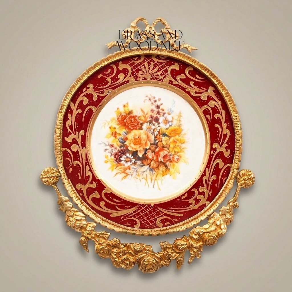 Rococo Porcelain Decorative Wall Plate — Crimson Floral Bouquet with Gilt Brass Mount