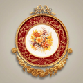 Rococo Porcelain Decorative Wall Plate — Crimson Floral Bouquet with Gilt Brass Mount — Gold