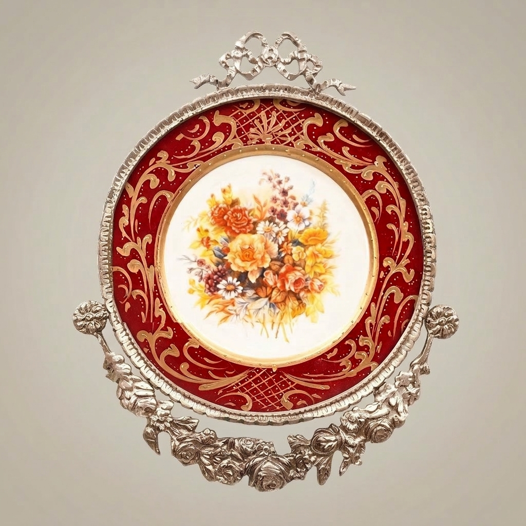Rococo Porcelain Decorative Wall Plate — Crimson Floral Bouquet with Gilt Brass Mount — Silver