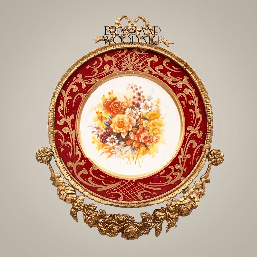 Rococo Porcelain Decorative Wall Plate — Crimson Floral Bouquet with Gilt Brass Mount — Antique Gold