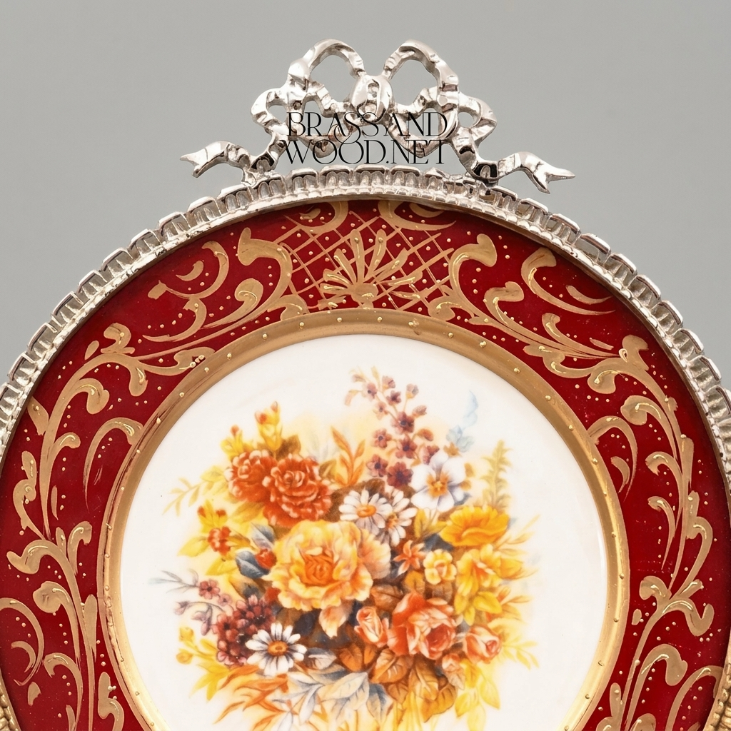 Rococo Porcelain Decorative Wall Plate — Crimson Floral Bouquet with Gilt Brass Mount — Silver