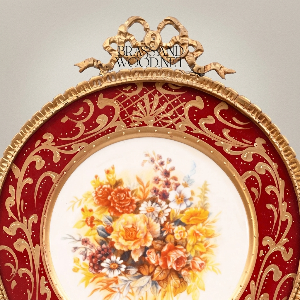 Rococo Porcelain Decorative Wall Plate — Crimson Floral Bouquet with Gilt Brass Mount — Antique Gold