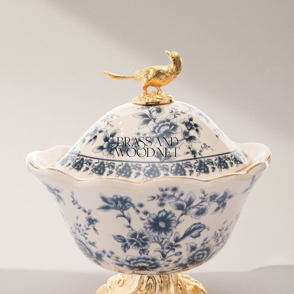 Rococo Porcelain Lidded Bonbonniere with Gilt Bird Finial & Floral Chinoiserie — Gold