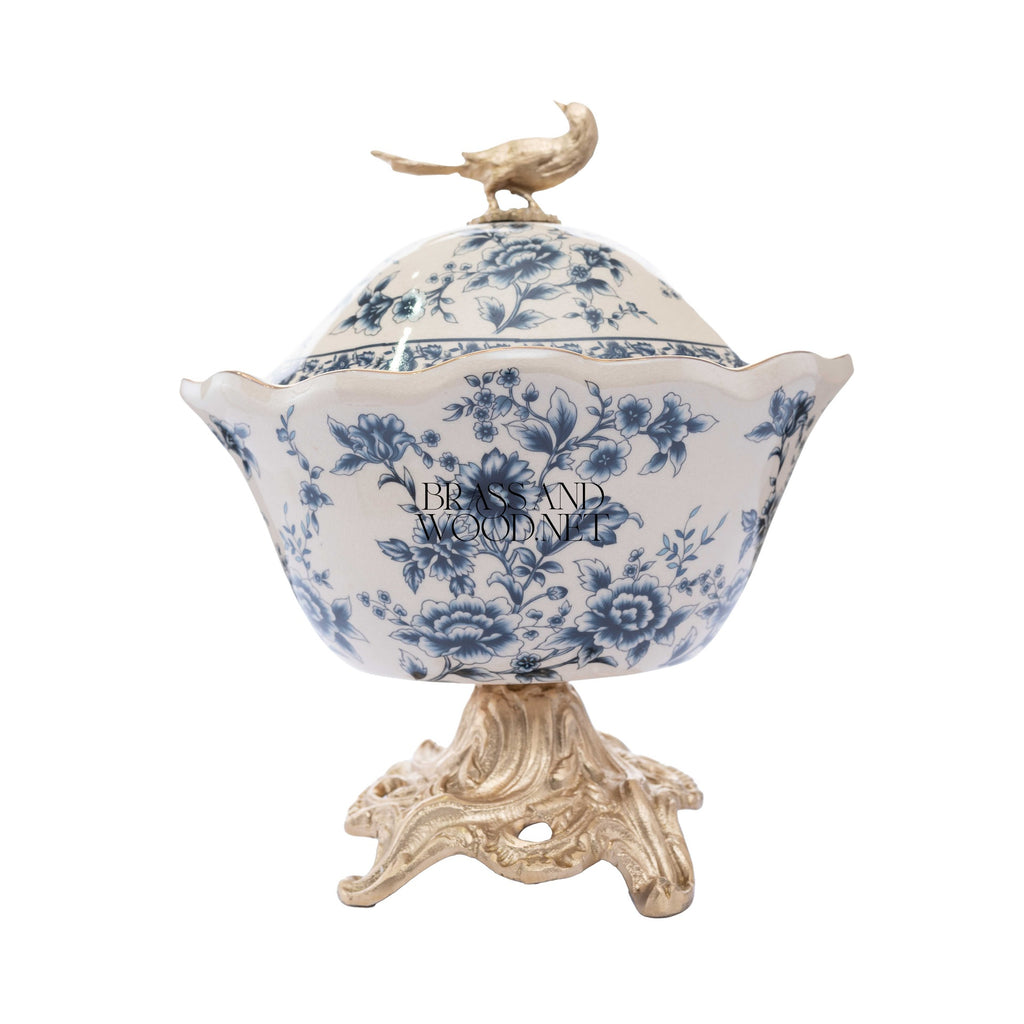 Rococo Porcelain Lidded Bonbonniere with Gilt Bird Finial & Floral Chinoiserie