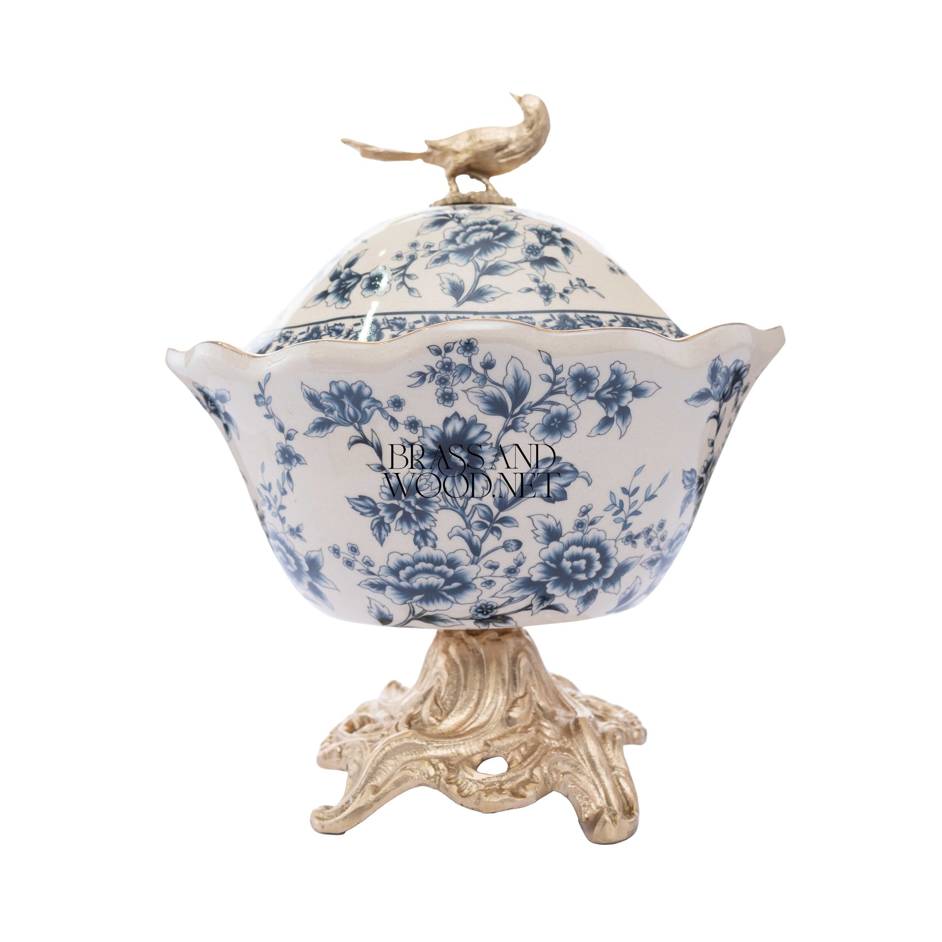 Rococo Porcelain Lidded Bonbonniere with Gilt Bird Finial & Floral Chinoiserie — Antique Gold