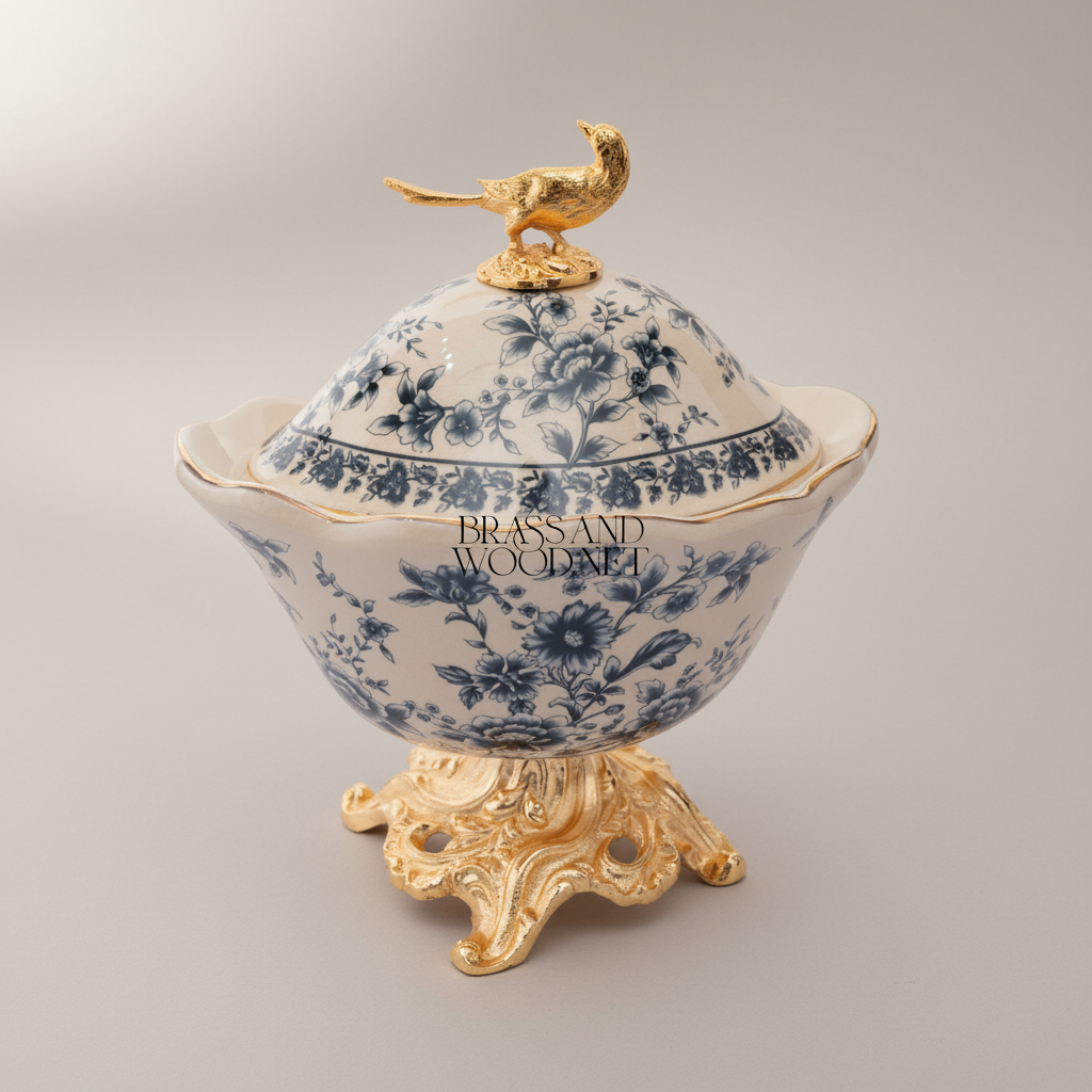 Rococo Porcelain Lidded Bonbonniere with Gilt Bird Finial & Floral Chinoiserie — Gold