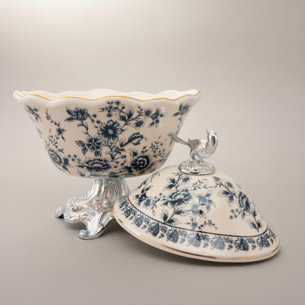 Rococo Porcelain Lidded Bonbonniere with Gilt Bird Finial & Floral Chinoiserie — Silver