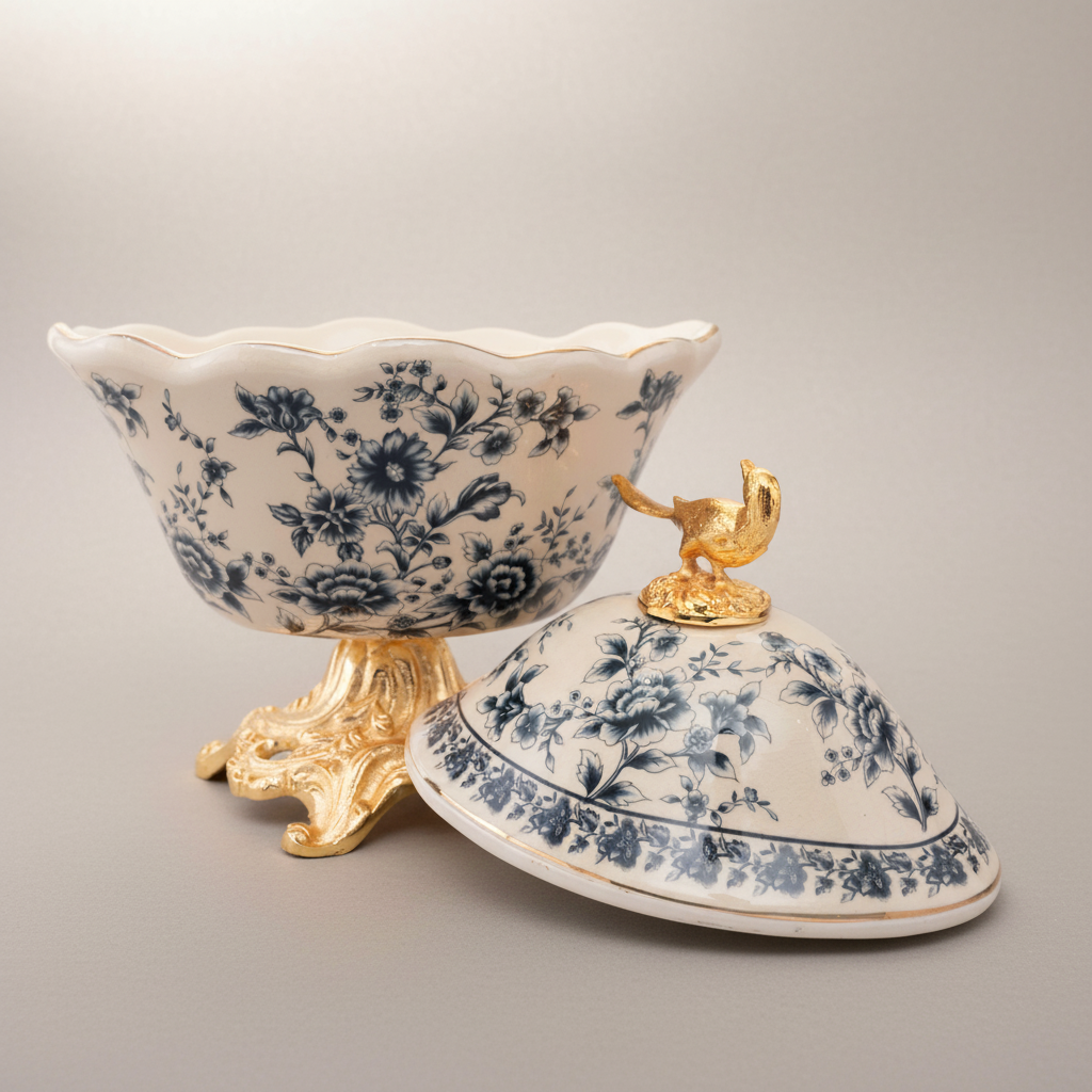 Rococo Porcelain Lidded Bonbonniere with Gilt Bird Finial & Floral Chinoiserie — Gold