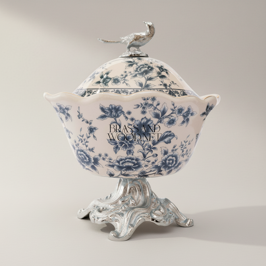 Rococo Porcelain Lidded Bonbonniere with Gilt Bird Finial & Floral Chinoiserie — Silver