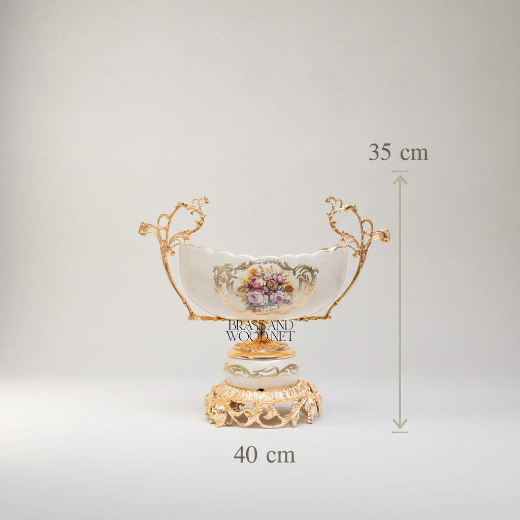 Rococo Porcelain Vase & Centrepiece Set – Hand-Painted Floral Bouquet on Ornate Brass Pedestal — Gold