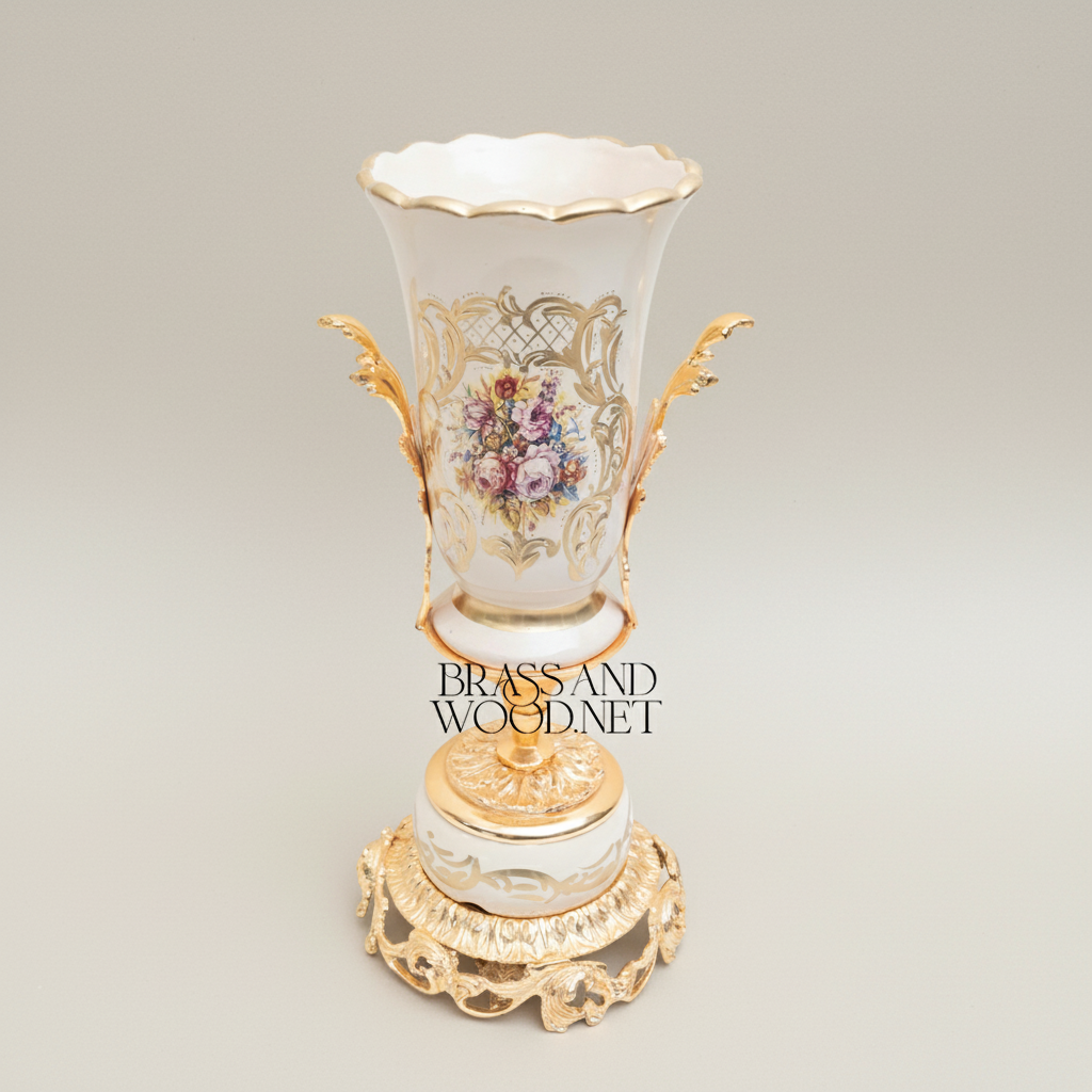 Rococo Porcelain Vase & Centrepiece Set – Hand-Painted Floral Bouquet on Ornate Brass Pedestal