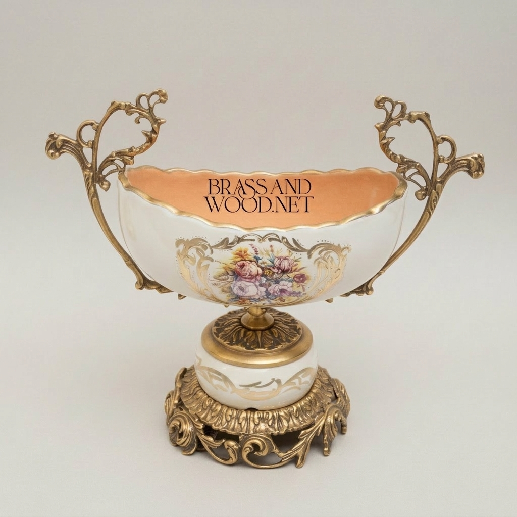 Rococo Porcelain Vase & Centrepiece Set – Hand-Painted Floral Bouquet on Ornate Brass Pedestal — Antique Gold