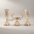 Rococo Porcelain Vase & Centrepiece Set – Hand-Painted Floral Bouquet on Ornate Brass Pedestal — Gold