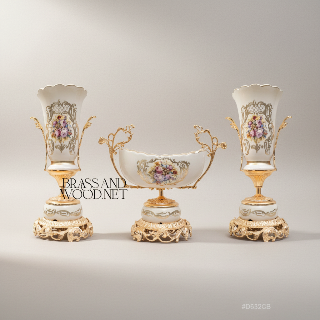 Rococo Porcelain Vase & Centrepiece Set – Hand-Painted Floral Bouquet on Ornate Brass Pedestal — Gold
