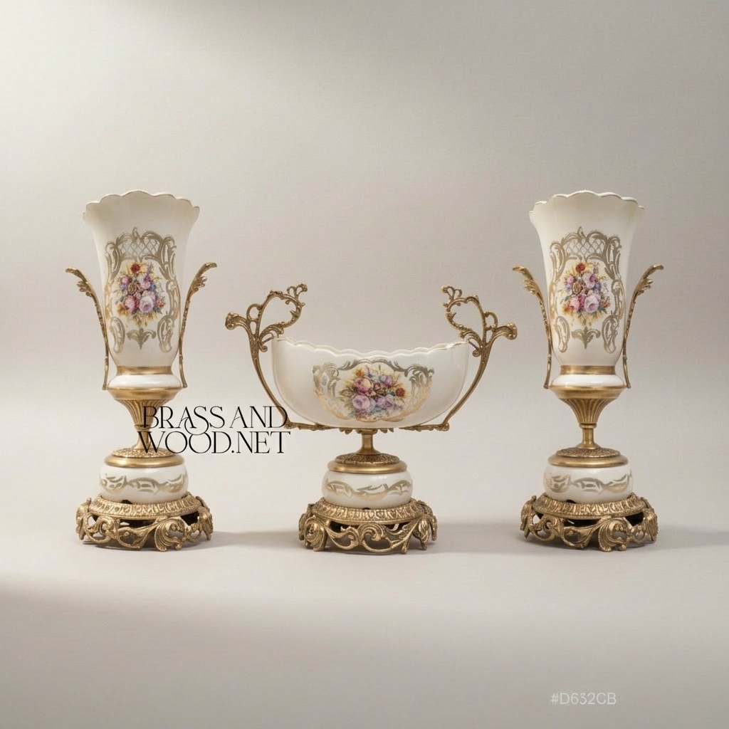 Rococo Porcelain Vase & Centrepiece Set – Hand-Painted Floral Bouquet on Ornate Brass Pedestal — Antique Gold