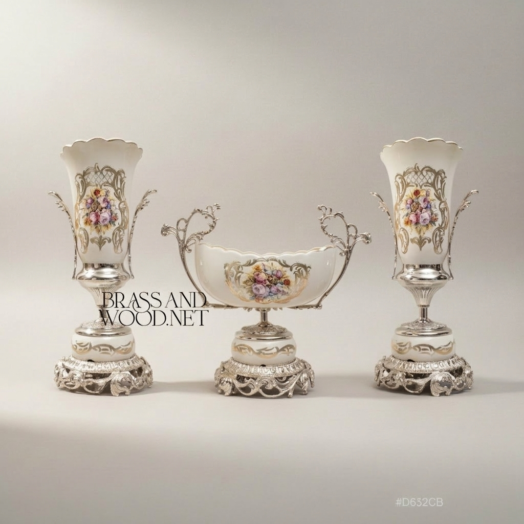 Rococo Porcelain Vase & Centrepiece Set – Hand-Painted Floral Bouquet on Ornate Brass Pedestal — Silver