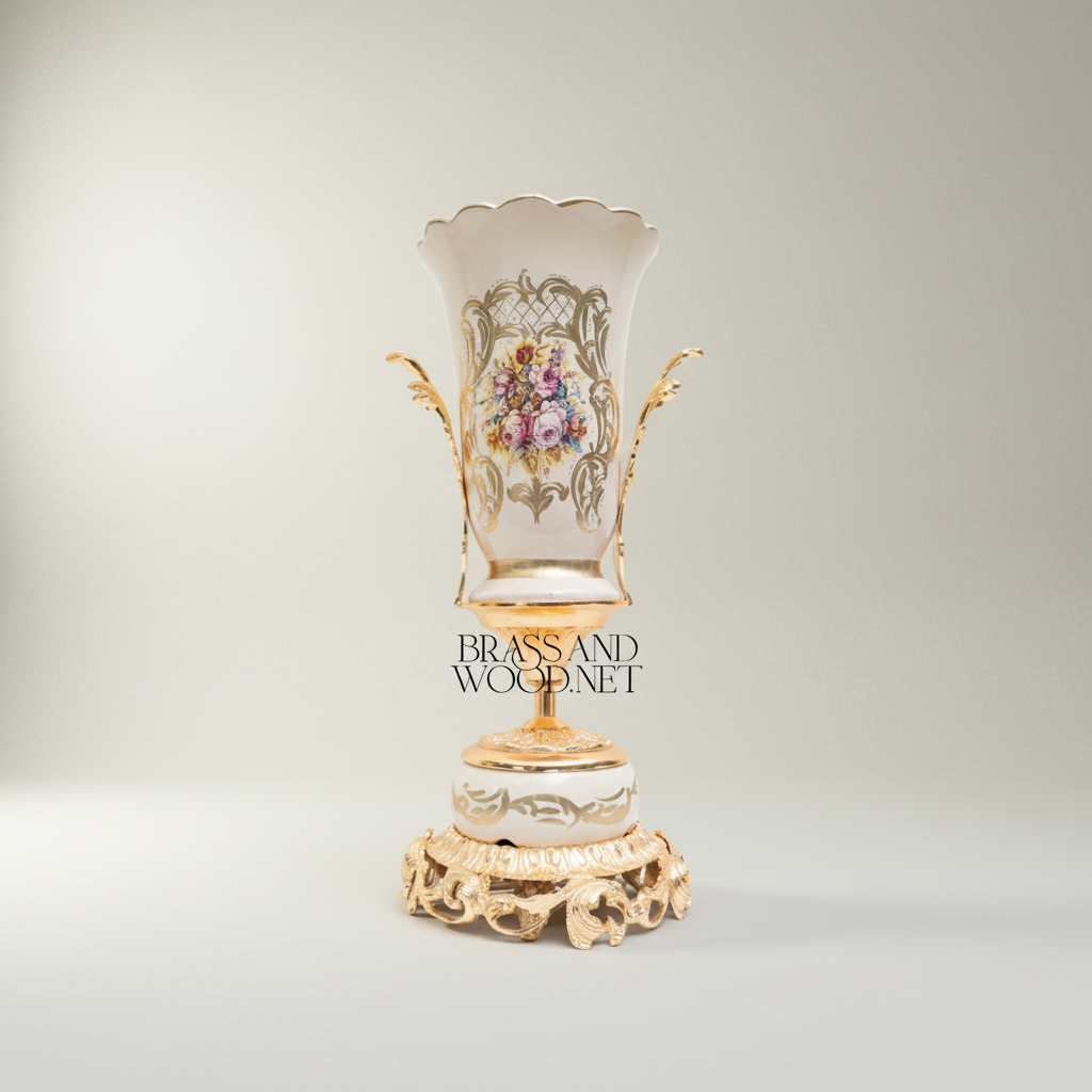 Rococo Porcelain Vase & Centrepiece Set – Hand-Painted Floral Bouquet on Ornate Brass Pedestal