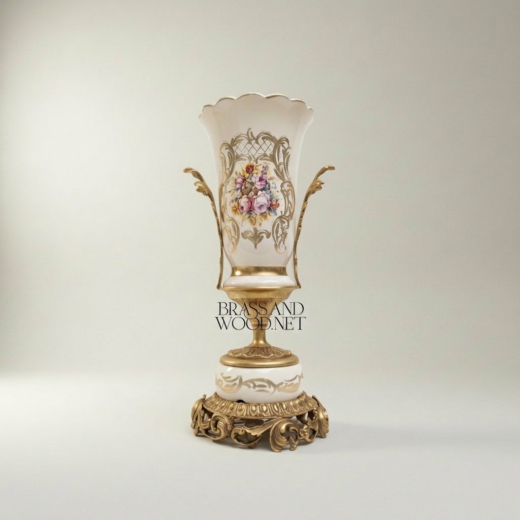 Rococo Porcelain Vase & Centrepiece Set – Hand-Painted Floral Bouquet on Ornate Brass Pedestal — Antique Gold